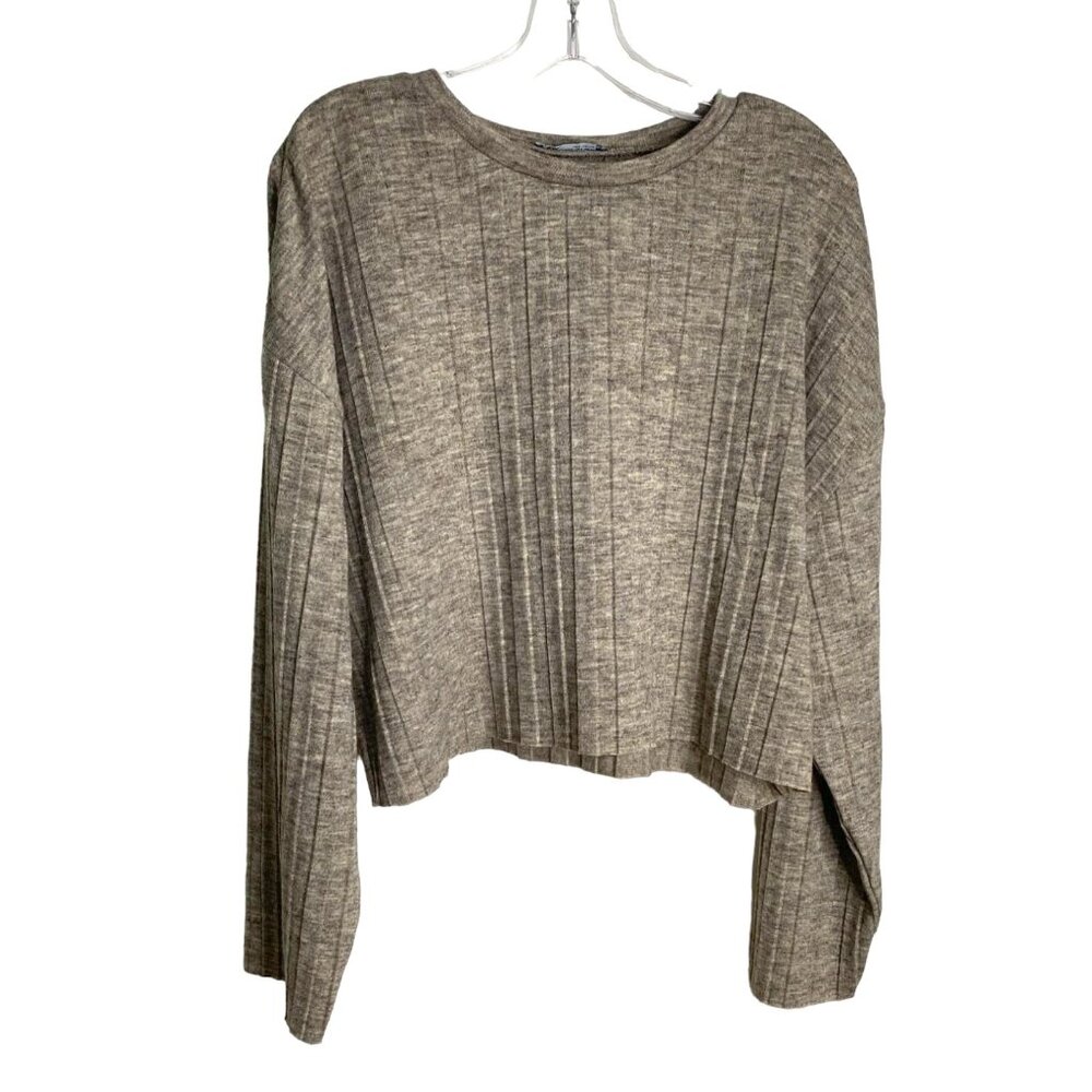 Zara Womens Grey Crop Long Sleeve Ribbed Knit Top Size S Grunge Y2K Coquette Emo